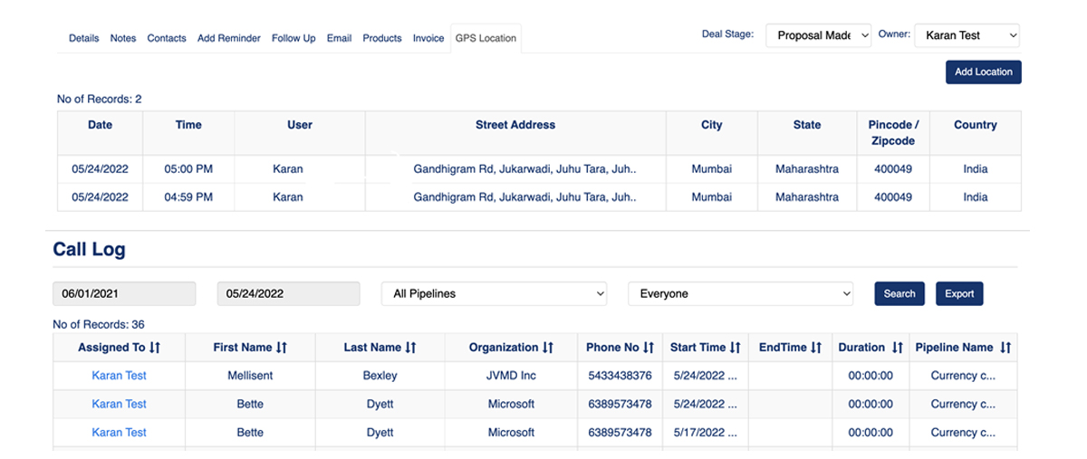 IGV CRM GPS Call Log